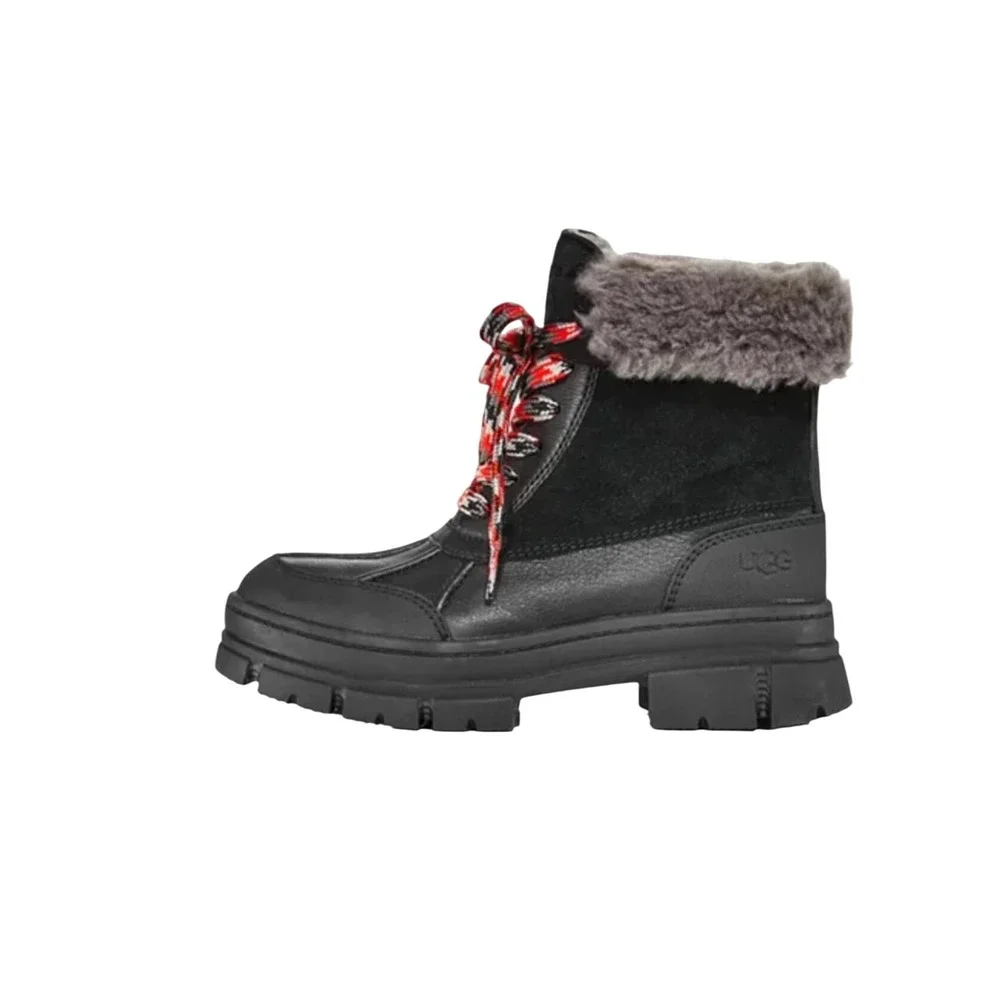 UGG Lug‎ Waterproof Leather Suede Shearling Cuff Lace Up Winter Boots
